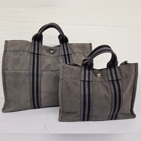 Hermes Canvas Fourre Tout Holdall MM and GM Tote Bag Set in Gray and Black - Picture 2 of 16